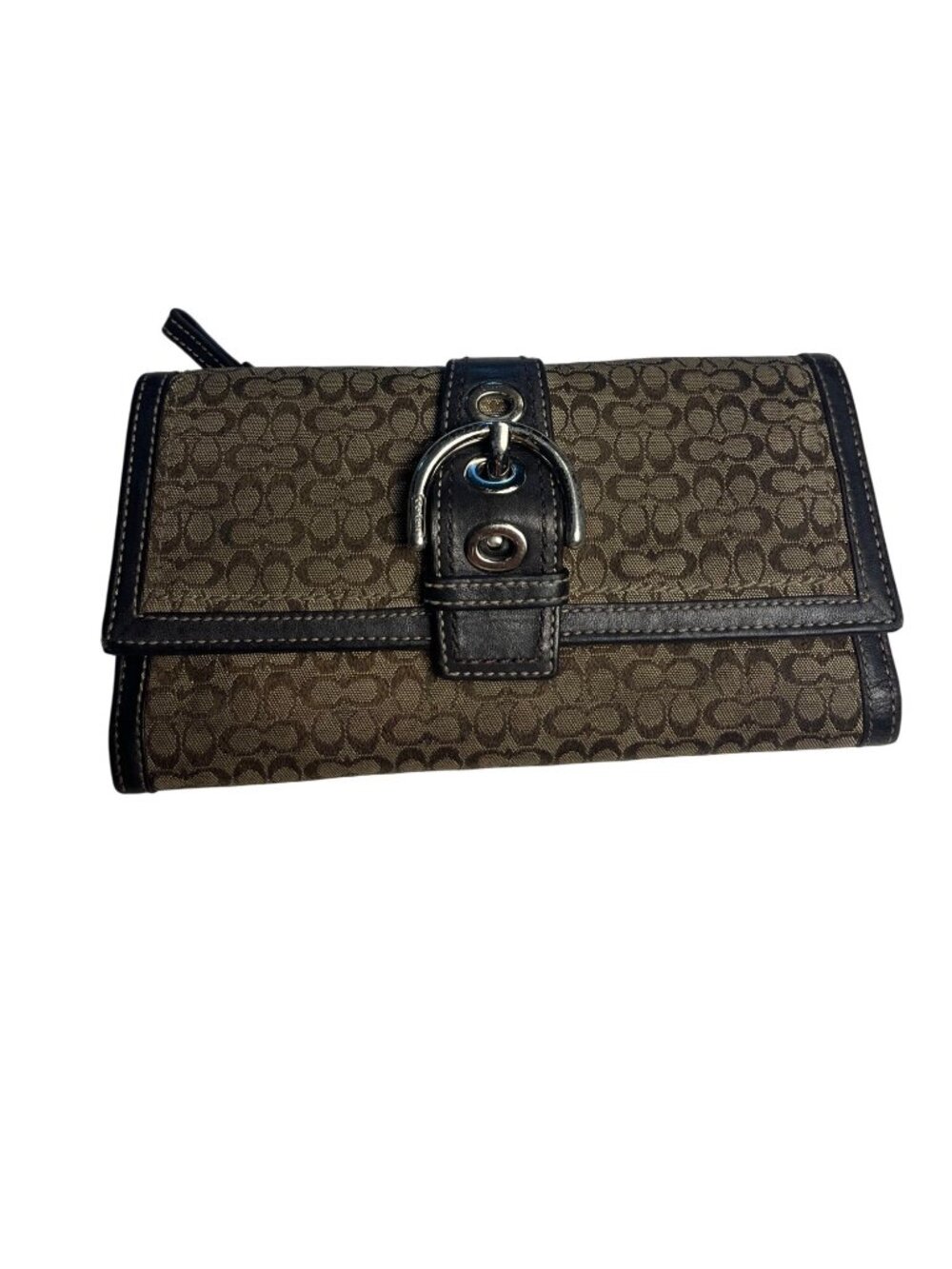 Vintage Coach Signature Tri-Fold checkbookWallet Dark Brown Silver Soho Buckle
